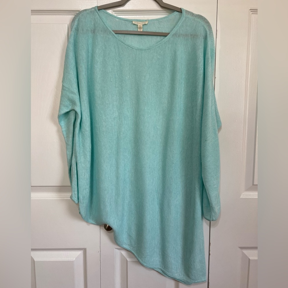 Eileen Fisher Aqua Asymmetrical Linen Knit Long Sleeve Mesh Sheer Top Size Small